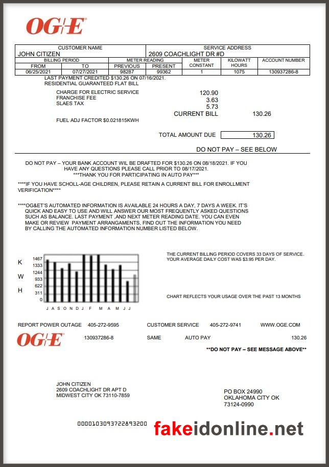 OGE Electric Services - Oklahoma Utility Bill Template